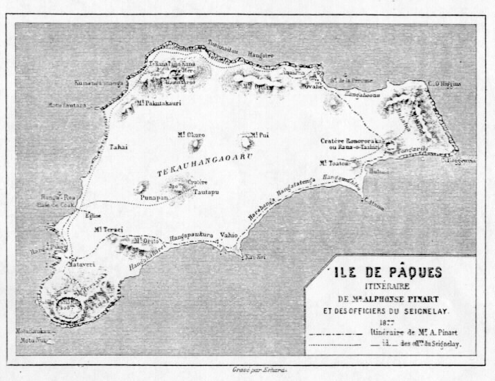 Itinéraire de M. A. Pinart et des officiers du Seignelay (carte). A. Pinart's itinerary (map). 715x550 jpeg, 109.5k
